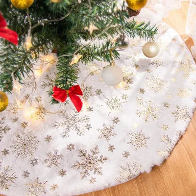 Produktbild von Weihnachtsbaum Decke Christbaumdecke 90 cm, Gro? Kunstfell Schneeflocken Rund Tannenbaum Decke Unterlage Teppich, Weihnachtsbaumdecke fš¹r Christbaumschmuck Weihnachtsdeko (Gold, 90cm)