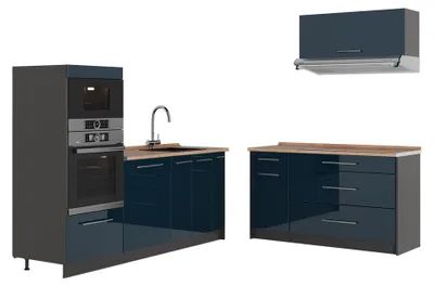 Productafbeelding van Keuken Vicco Fame-Line Donkerblauw hoogglans/Antraciet 340 cm, WB Eik, Model 63870