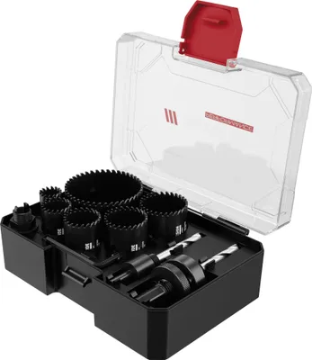 A set of hole saws and drill bits in a black and clear plastic case.