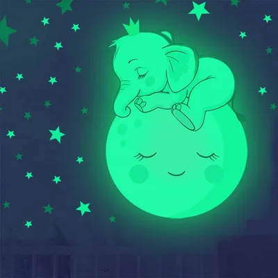 Produktbild von GKA Kinder Baby Nachtleuchtend Wandtattoo Elefant Mond Sterne GK28 Wandsticker Kinderzimmer Wandaufkleber fluoreszierend Aufkleber leuchten im Dunkeln
