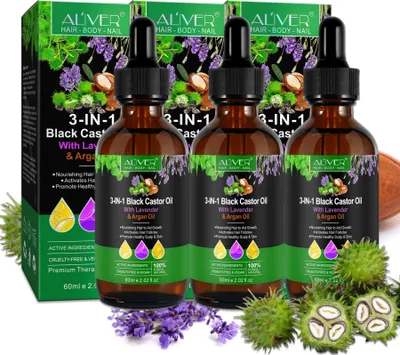 Image de Huile capillaire 3 en 1 Huile de ricin + Huile de lavande + Huile d'argan pour la peau et les cheveux Bio Vegan, 3x 60ml