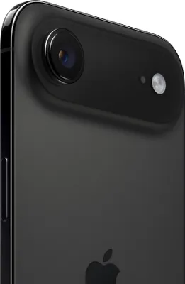 Close-up of the back of a black iPhone, showing the camera module and the Apple logo.