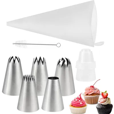 Produktbild von Spritzbeutel Set mit Edelstahl Tüllen für Kuchen & Torten, wiederverwendbar, Weiß