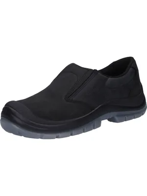 A black slip-on shoe with a gray sole is shown against a white background.