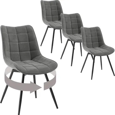 Four dark gray dining chairs with a quilted seat and back, shown on a white background. One chair in the foreground has a circular arrow overlay indicating it is rotatable.
