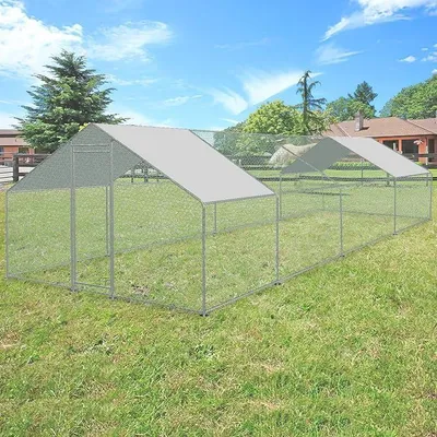 Zdjęcie produktu dla Kurnik z wybiegiem, wybieg dla królików. Stal ocynkowana, kurnik zewnętrzny z dwuspadowym dachem, zamkiem i wodoodporną tkaniną PE, przeznaczony dla kur, drobnych zwierząt i roślin (3x8x2m)