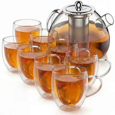 Produktbild von Arendo Teekanne 1,5 l, Edelstahlsieb und 8 Thermogläsern 350 ml, doppelwandige Gläser mit Henkel, aus Borosilikatglas, Glaskanne, 10 Teile, transparent und silberfarben