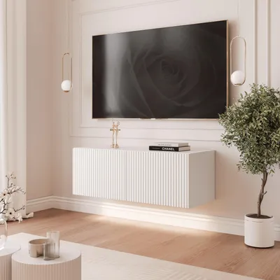 Obrázek produktu pro Idohome TV-Lowboard Angel 100 cm bílá matná – TV skříňka, závěsná skříňka, LED, Push-to-Open, televizní skříňka, rýhovaná přední strana, mediální nábytek, obývací pokoj