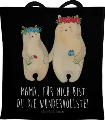 Produktbild von Mr. & Mrs. Panda Einkaufstasche Bären mit Blumenkranz - Schwarz - Geschenk, Mama, Schultasche, Laptoptasche, Mutter, Muttertag, Familie, Jutebeutel, Kinder, Beutel