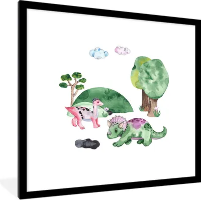 Produktbild von MuchoWow® Gerahmtes Poster Kinderzimmer - Dinosaurier - Weiß - Jungen - Mädchen - Kinder 40x40 cm - Poster mit Schwarzem Bilderrahmen Wandposter Rahmen Foto Bilder - Poster - Plakat im Rahmen