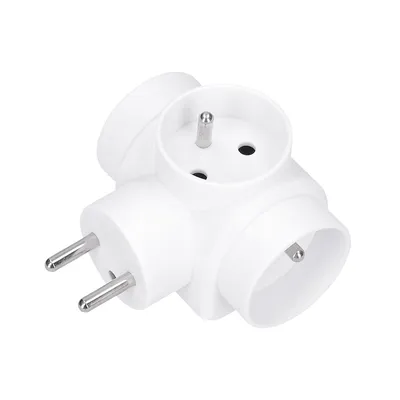 A white electrical adapter with three sockets and two plugs.