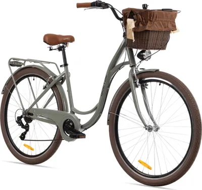 Produktbild von Goetze Mood 28 Zoll City Bike, 18 Zoll Tiefeinsteiger, 7-Gang Shimano Tourney, V-Bremse, LED-Beleuchtung, Komfortsattel, Rattankorb mit Bezug