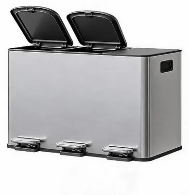 Imagen del producto de Cubo de basura de acero inoxidable de 45 litros para cocina, con tres compartimentos, 3 x 15 litros, sistema de cierre suave, color plateado