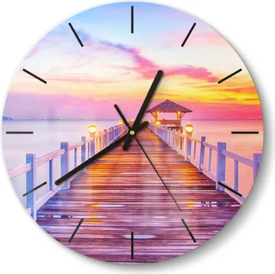 Produktbild von DEQORI Glasuhr Ø30 cm Modern 'Holzsteg bei Dämmerung' Wanduhr Glas Uhr Design leise
