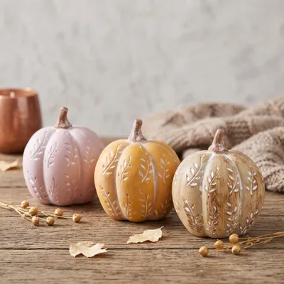 Produktbild von 3er Set Deko Kürbis Orange Beige Rosa 10cm Tischdeko Herbst Herbstdeko Erntedank Wohndeko Deko Kunstkürbis