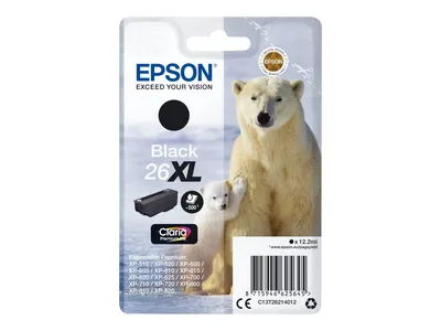 Produktbild von Epson Singlepack Black 26XL Claria Premium Ink, Hohe (XL-) Ausbeute, Schwarz, Tinte auf Pigmentbasis, 12,2 ml, 1 Stück(e), 500 Seiten