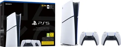 A collage showing the packaging of a PlayStation 5 Digital Edition console on the left and the console with two controllers on the right.