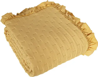 Produktbild von Tagesdecke auf dem Bett, elegant, mit Rüschen Savona 220x240cm Senf