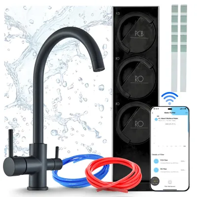 Produktbild von Wasserfilteranlage Mit Kuechenarmatur Ari Linko, Umkehrosmose 800 Gpd Mit Wifi, Zweigriffarmatur, Perlator, Messing, Schwarz Matt, 360 Grad Schwenkbar