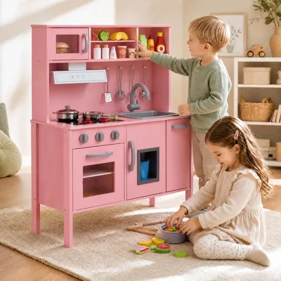 Produktbild von COSTWAY Kinderküche Spielküche inkl. 18 Zubehör, Spielzeugküche mit Spüle, Mikrowelle, Eismaschine & Backofen, für Kinder ab 2 Jahre Holz Rosa