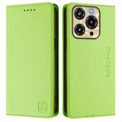 A green flip wallet case for a smartphone, shown from the front and back.