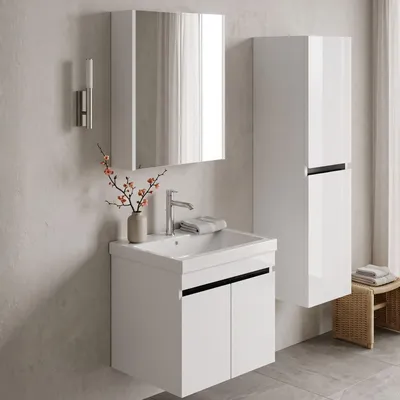Produktbild von Badmöbel Set Weiß Venus | Waschtisch mit Unterschrank | Spiegelschrank | Keramik 60 mit Einbauwaschbecken, KI-generiertes Bild