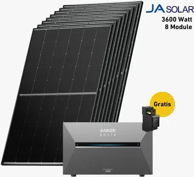 Produktbild von 3600 Watt, Bifazial Komplettset, Balkonkraftwerk, Anker SOLIX Solarbank 3 E2700 Pro, 4 x BP2700 Zusatzbatterien