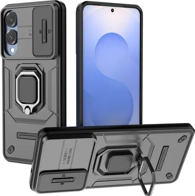 Obrázek produktu pro Pouzdro pro Samsung Galaxy S25 Edge dvouvrstvé pouzdro s posuvnou ochranou kamery a držákem prstenu, stojánek černé
