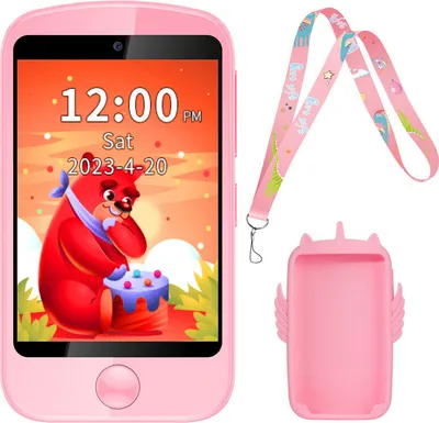 A pink children's smartwatch with a lanyard and a silicone case.