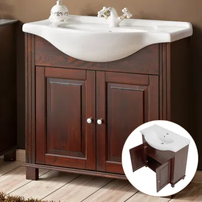 Produktbild von Waschtischunterschrank 85 cm Keramik-Waschbecken Im Landhausstil AVEIRO-56, Pinie Massivholz braun, B/H/T ca. 85/83/49 cm