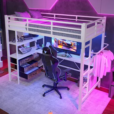 Obrázek produktu pro MODFU Patrová postel 90x200, jednolůžko bez matrace se stolem, žebřík s LED světly, zásuvka s USB, 3 zásuvky, bílá
