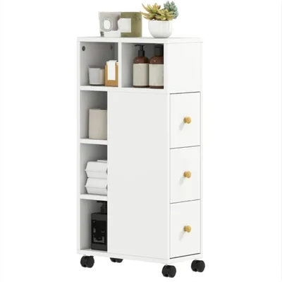 Produktbild von Badezimmerschrank Schmal, Badkommode, Badschrank mit 4 Rollen, 3 Schubladen, 5 offenen Fächern