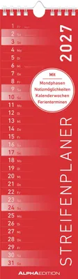 Produktbild von Neumann Streifenplaner Kalender 2027, Mini, Rot, 9,5 x 33 cm, mit Feiertagen & Mondphasen