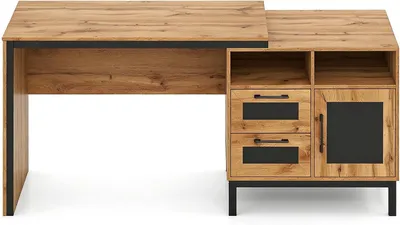 Produktbild von KOMFOTTEU Schreibtisch, Computertisch mit 2 offene Fächer, 2 Schubladen & einem eintürigen Schrank, Landhausstil-Bürotisch aus Holz für Arbeitszimmer, Büro & Homeoffice, Natur, 181 × 60 × 76 cm