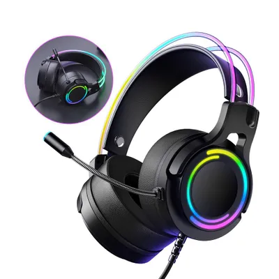 Zdjęcie produktu dla Słuchawki stereo do gier z przewodowym systemem dźwięku przestrzennego, kompatybilne z wieloma platformami. Słuchawki stereo z mikrofonem USB, przeznaczone do PC/PS4/Xbox One. Słuchawki z kablem i podświetleniem RGB