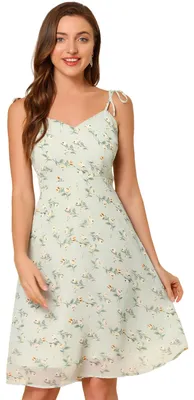 Produktbild von Allegra K Damen Sommer Spaghettiträger Aline Kleid Gesmoktes Blumenmuster Sommer