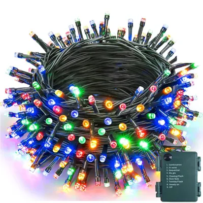 A coiled string of colorful LED lights with a battery pack attached.