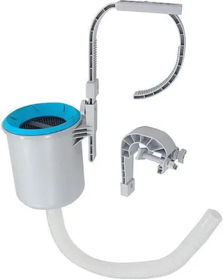 A pool skimmer set with a hose and mounting bracket, displayed against a white background.