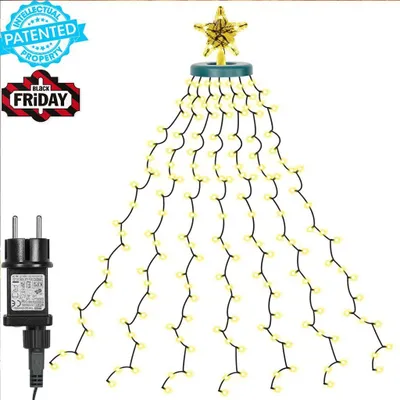 Produktbild von Weihnachtsbaum Lichterkette, 490LED Christbaumbeleuchtung 3 m mit stern, Wasserfall Überwurf Lichterkette, 8 Leuchtmodi Memory Timer, für Innen