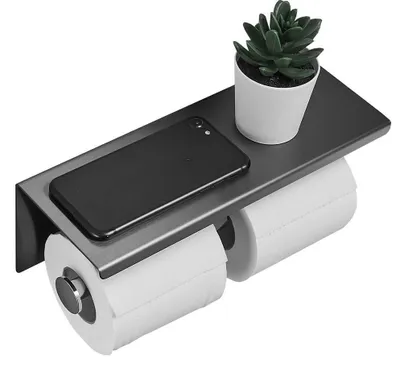 Image de Porte-papier hygiénique avec support pour téléphone portable, fixation murale, acier inoxydable, distributeur de papier hygiénique pour salle de bains (double rouleau, noir)