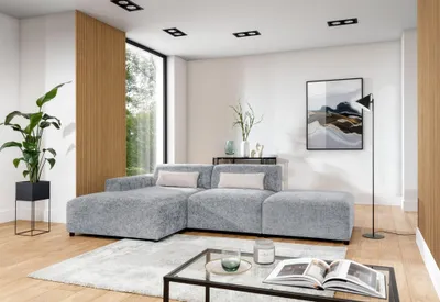 Produktbild von Ecksofa Designersofa ROMY in Stoff Enjoy Me Hellgrau Ottomane Links