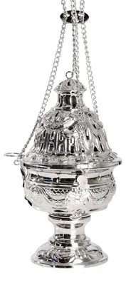Räucherstövchen, Messing vernickelt, 26 cm, Kette 45 cm, Ø 13 cm
