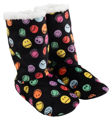 Produktbild von Smileyworld Hausschuhe für Damen - Smiley Hüttenschuhe Homeboots Winter Stiefel Booties Hausstiefel Hüttenstiefel gefüttert Schwarz 39-40