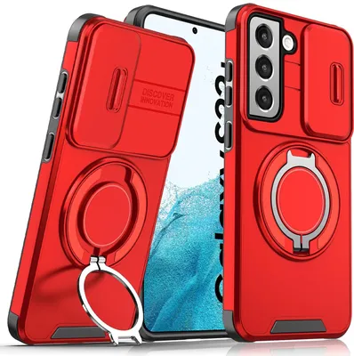 Obrázek produktu pro Dvouvrstvé pouzdro pro Samsung Galaxy S22 5G, s posuvným krytem fotoaparátu a magnetickým kroužkovým stojánkem Červený