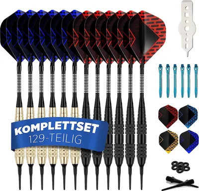 A collection of dart arrows and accessories laid out on a white background.