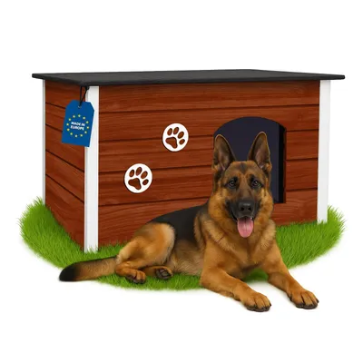 Produktbild von Outentin Hundehütte Outdoor Winterfest für Große Hunde – Isoliertes & Wetterfestes Hundehaus mit Flachdach zum Öffnen –Holz – 105x71x64 cm - Nuss