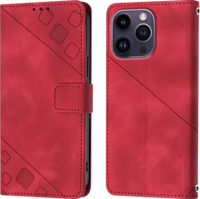 Produktbild von Hülle für iPhone 15 Pro Prägung Flip Leder Brieftasche Schutzhülle mit Ständer Rot