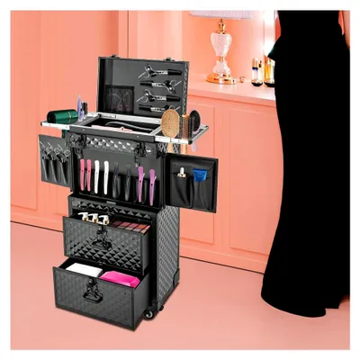 Produktbild von Kosmetikkoffer mit Rollen für professionelle Visagisten und Hairstylisten, Schwarz, 39 x 25,5 x 82 cm