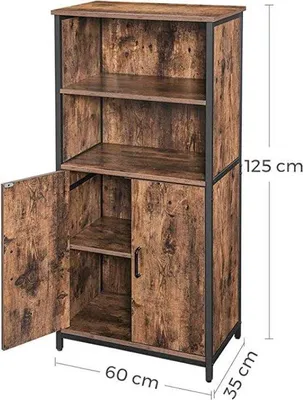 Image de Bibliothèque, étagère, plateau de bureau, buffet de cuisine avec 2 tiroirs ouverts, hauteur des étagères réglable dans le buffet, multifonctionnel, style industriel, brun-noir vintage LSC66BX