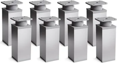 A set of eight identical silver-colored furniture legs with adjustable height mechanisms.